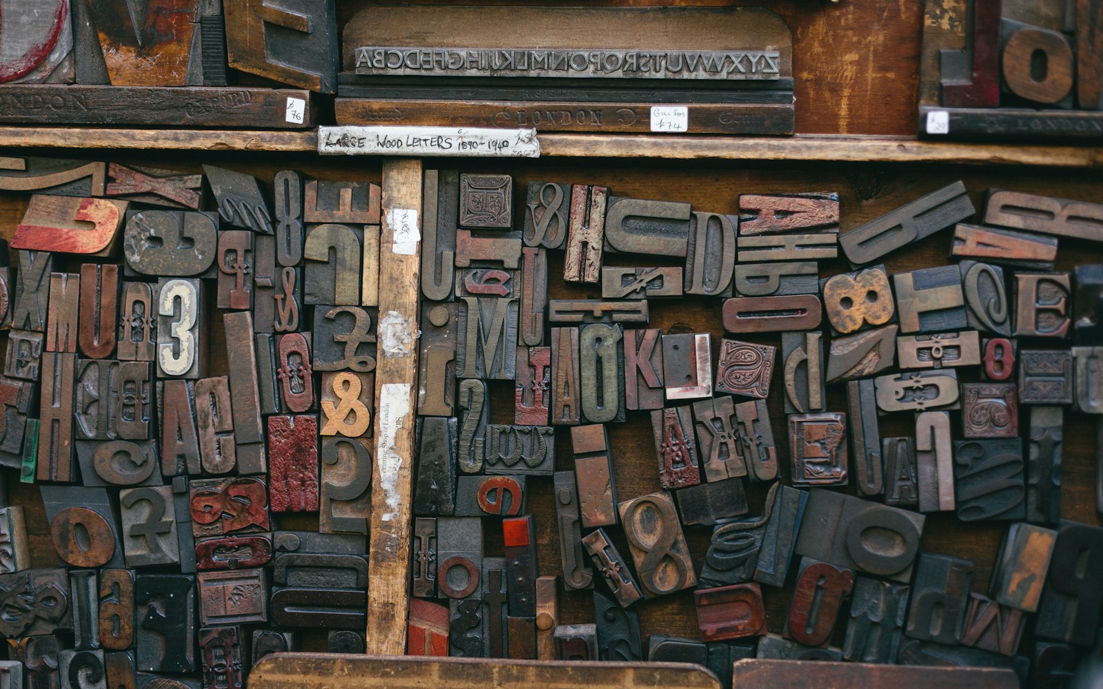 Wall of vintage wooden letterpress type blocks