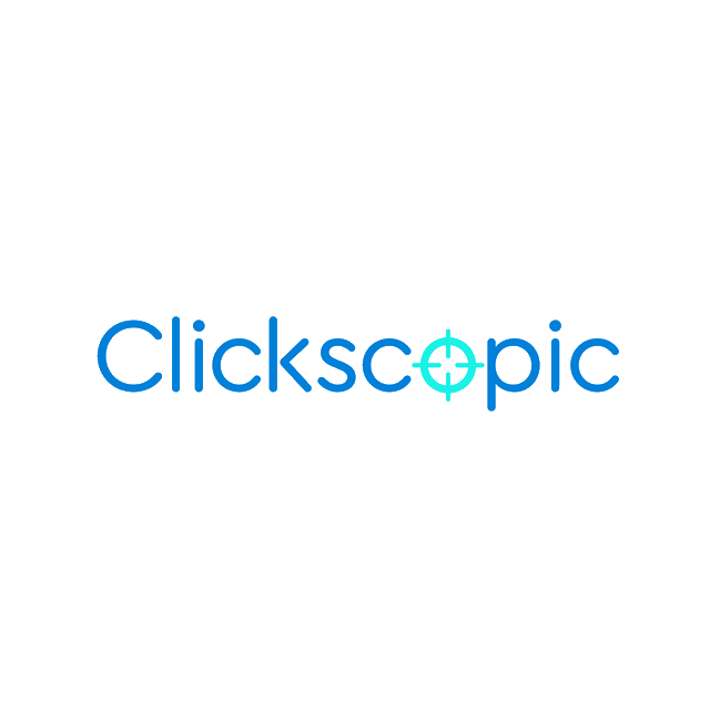 Clickscopic.com logo, a brandable .com business name for sale
