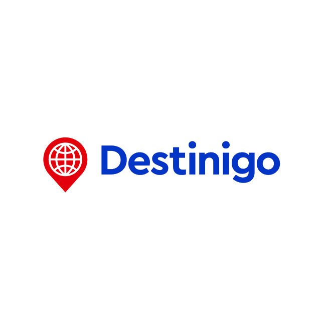Destinigo.com logo, a brandable .com business name for sale